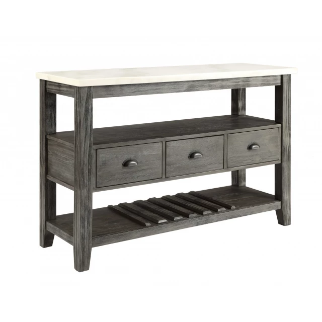 White marble gray oak wood server with shelves drawers and wood stain finish