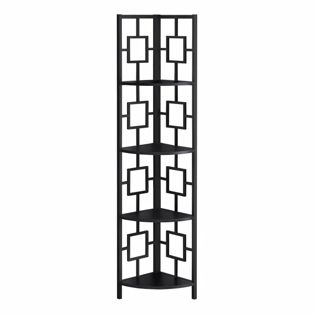 black metal corner bookcase with rectangular shelves and minimalist design
