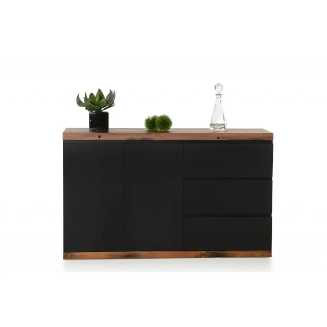 Black MDF ship wood buffet with tableware and plant on wood stained surface