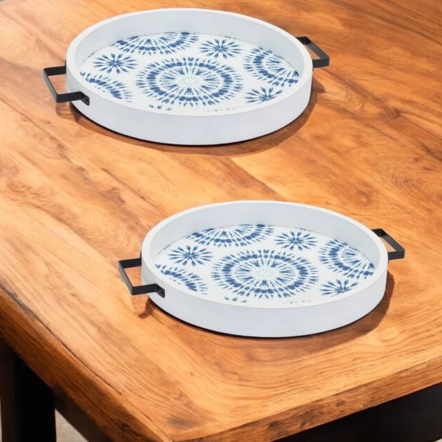 round solid wood vanity tray with handles and tableware including coffee cup and teacup