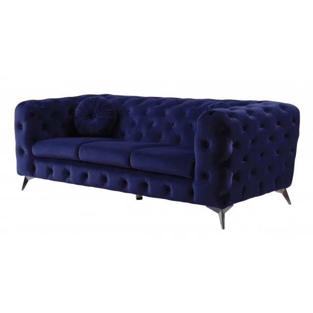Blue silver velvet sofa with comfortable rectangular studio couch design and electric blue accents