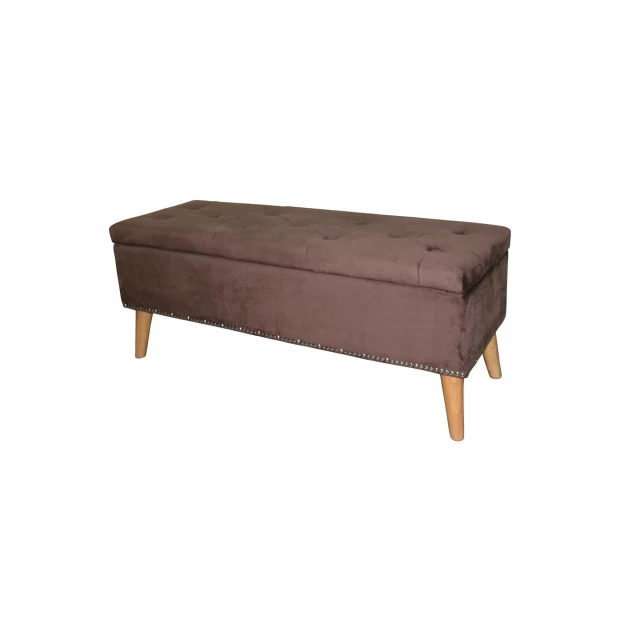 Cozy brown suede storage bench with wood stain finish in furniture setting