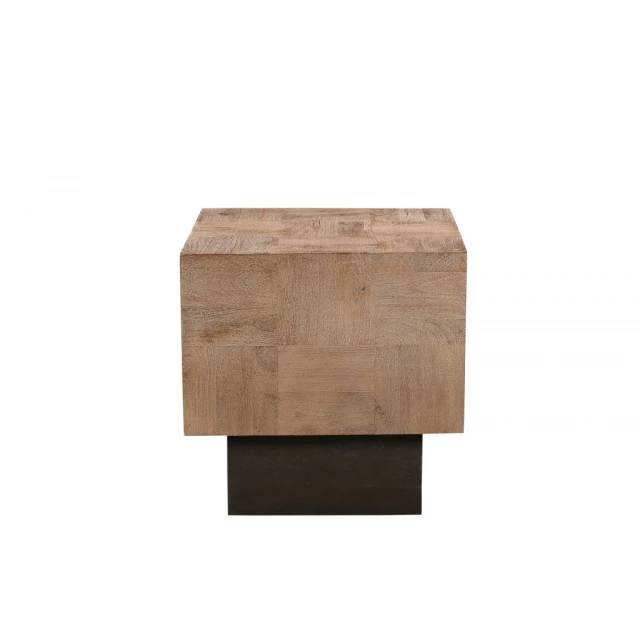 Black brown solid wood end table with rectangle shape and hardwood flooring texture