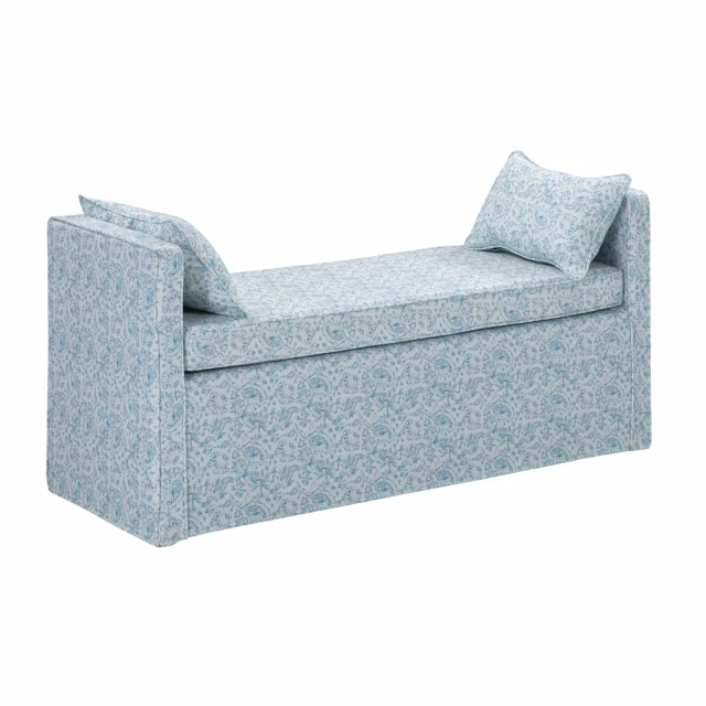 Blue black upholstered linen floral bench with electric blue accents and fashion accessory