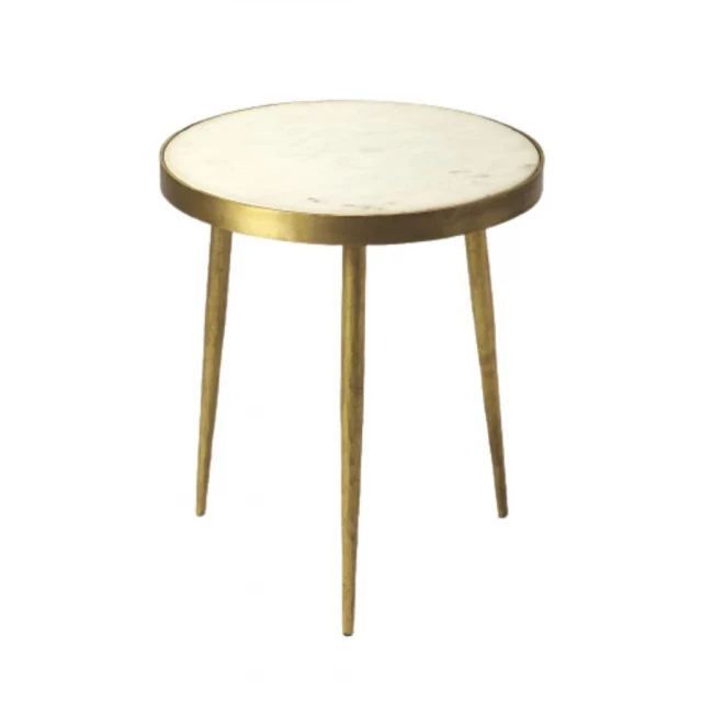 Gold white marble round end table with wood stain finish and artful plywood design for outdoor furniture.
