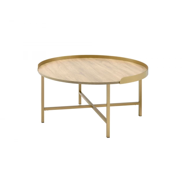 Round manufactured wood and metal coffee table with artful wood stain finish