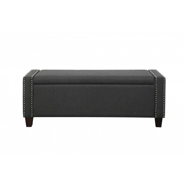 Gray brown upholstered linen bench with flip-top design for storage and seating