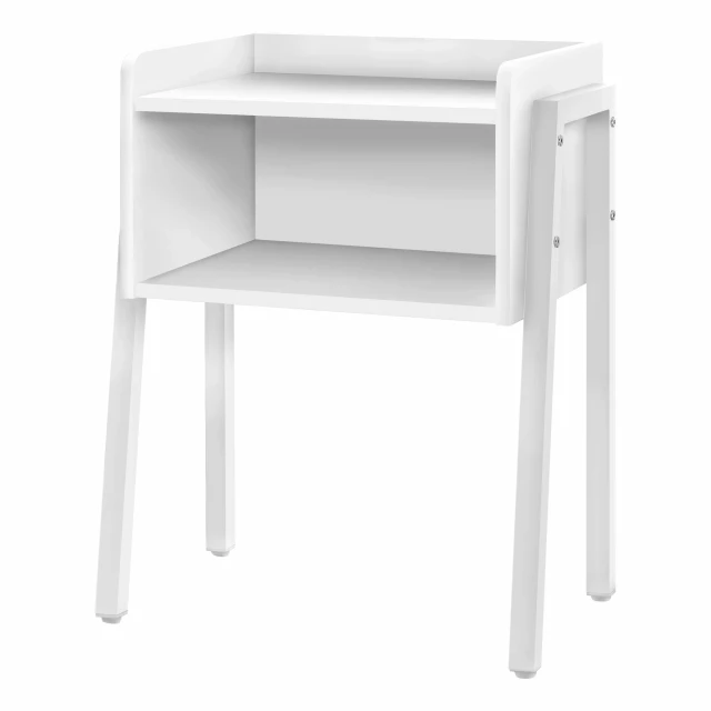 White accent table with metal legs and minimalist plywood shelf design for modern home decor