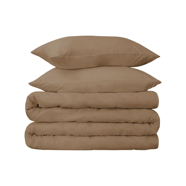 Blend thread count washable duvet cover with beige tints and wood texture accents