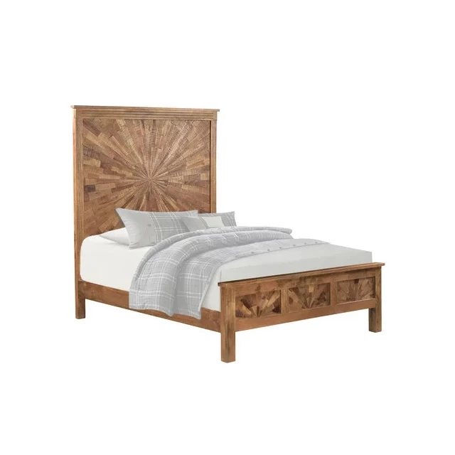 Solid wood queen-sized bed with brown sunburst design