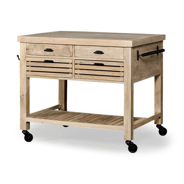 Rolling kitchen island or bar cart with wood metal drawers and outdoor furniture design