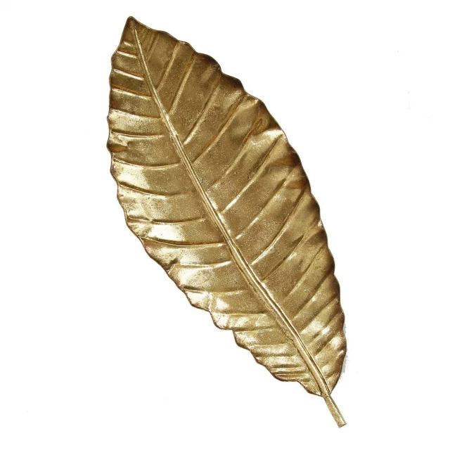 gold large leaf metal wall decor featuring plant twig feather art and flowering plant design