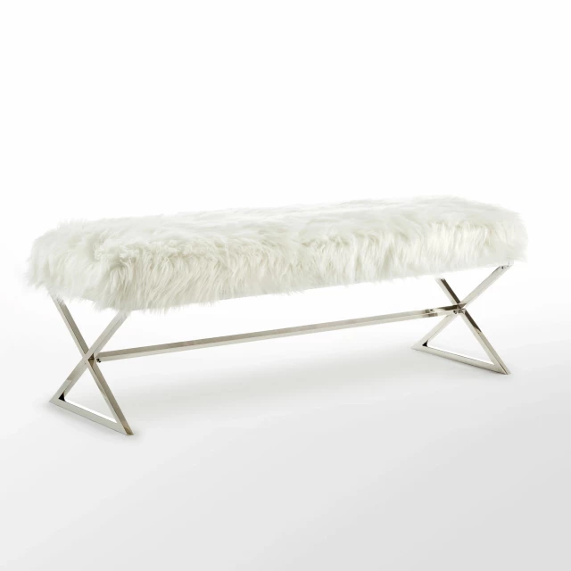 White silver upholstered faux fur bench with wood legs and shelf