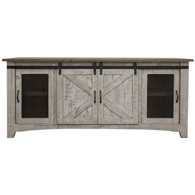 Distressed wood TV stand with enclosed storage and rectangle facade