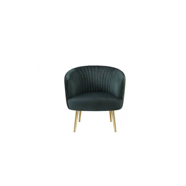 Black velvet gold striped barrel chair with armrests and wood accents for comfortable seating