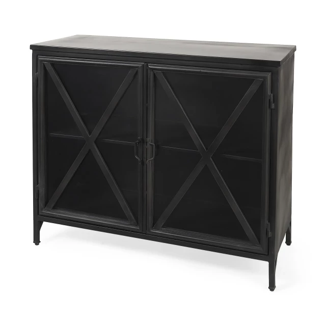 Rustic black metal cabinet with glass doors and wood accents