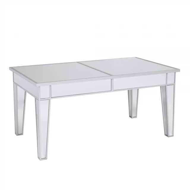 Mirrored metal rectangular coffee table with hardwood and wood stain finish in outdoor setting