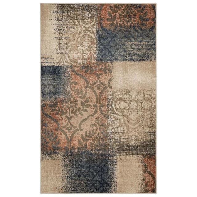 damask distressed stain resistant area rug in beige and brown with rectangle motif