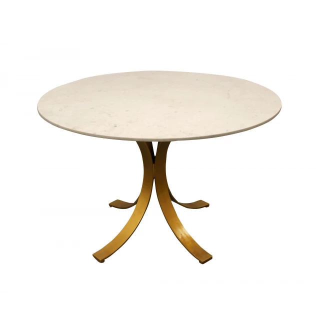 Brass rounded marble iron dining table with wood elements and artful oval design