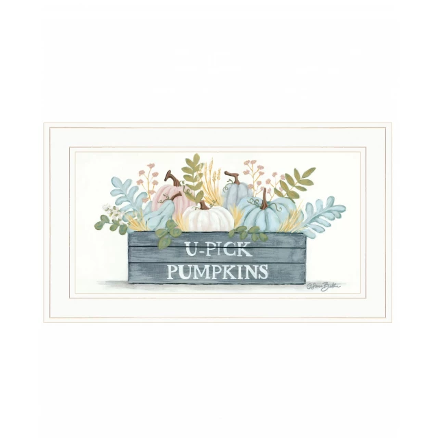 White framed print of pumpkins with floral and evergreen plant art for wall decoration