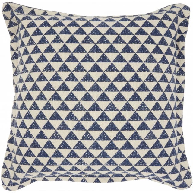 Indigo ivory triangle design throw pillow with symmetrical pattern and circle accents