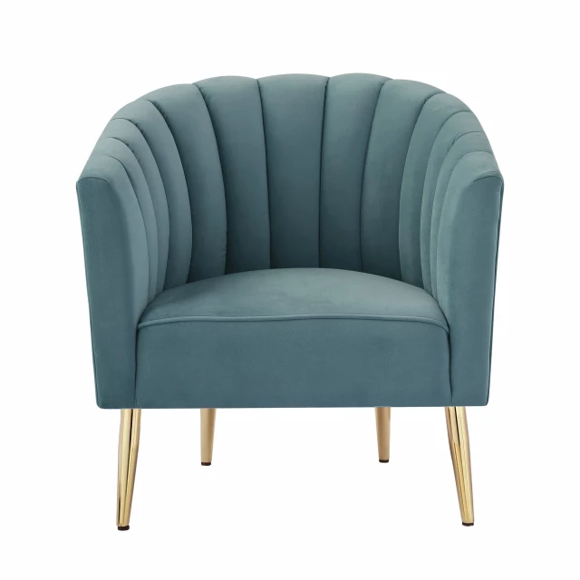 Blue gold velvet tufted barrel chair with armrests and wood accents for comfortable seating