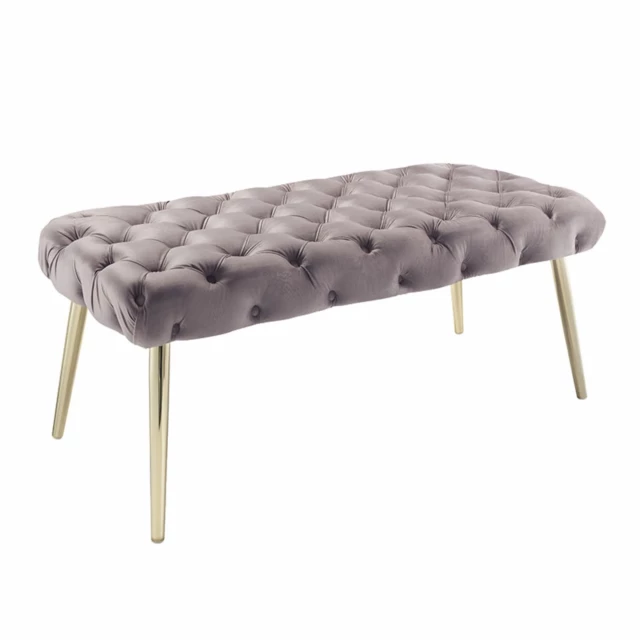 lilac gold upholstered velvet bench with comfortable rectangle seating and metal accents