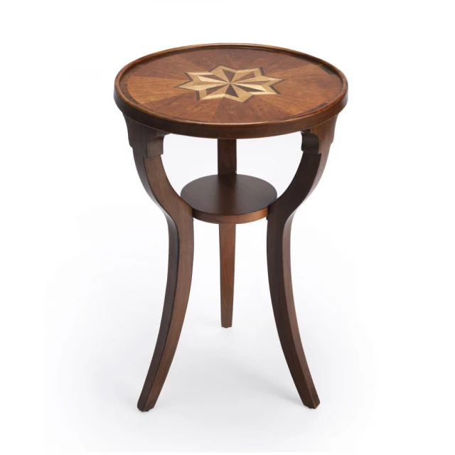 Manufactured wood round end table with shelf and varnished pedestal finish