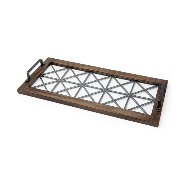 geometrically metal frame glass bottom tray with wood and metal elements