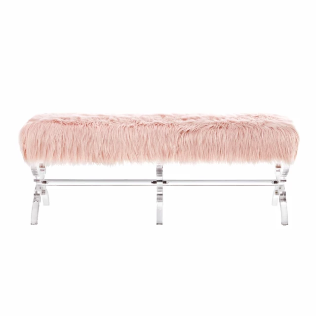 Rose clear upholstered faux fur bench with magenta rectangle stool design in natural wood finish