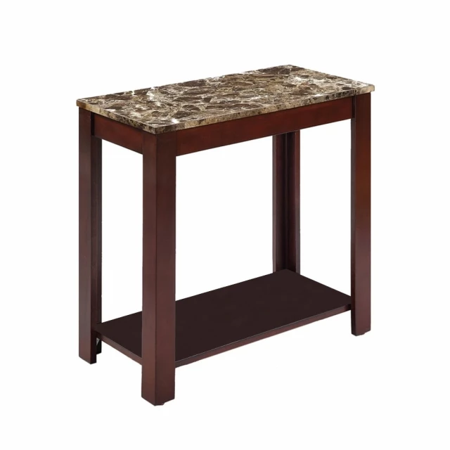 Brown faux marble end table shelf with wood stain finish and pedestal base