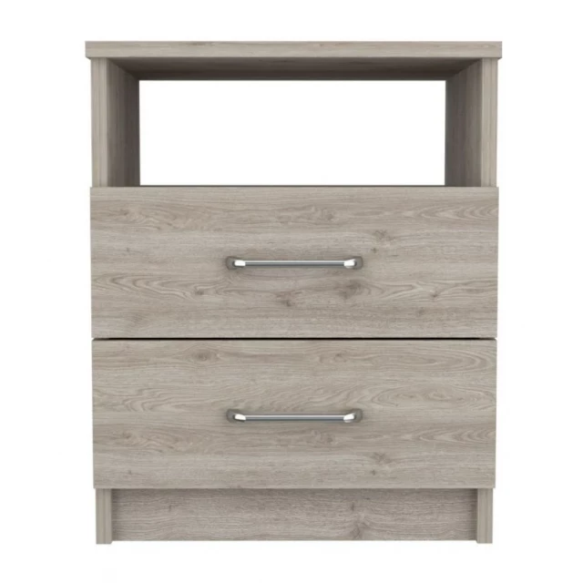 Stylish light grey particle bedroom nightstand with wood stain and multiple drawers