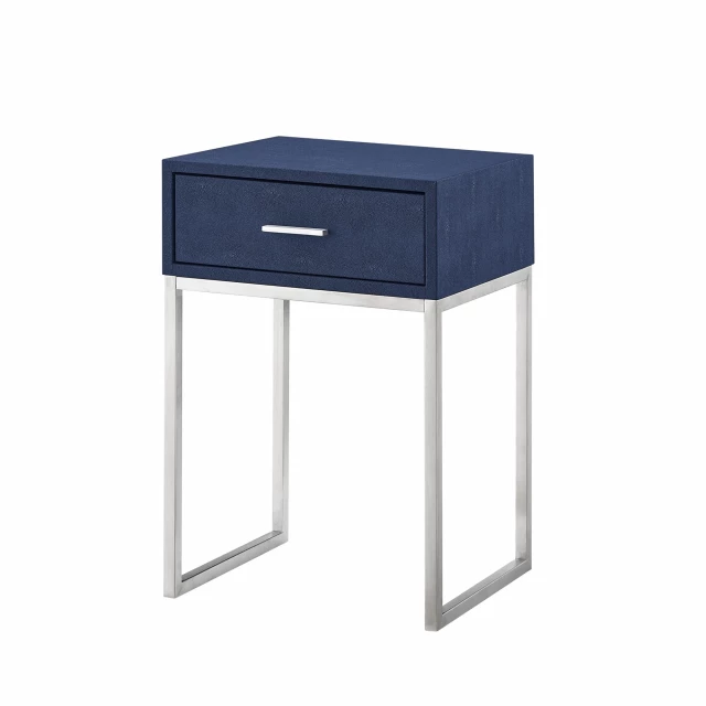 Metallic navy blue end table with drawer and sleek modern design