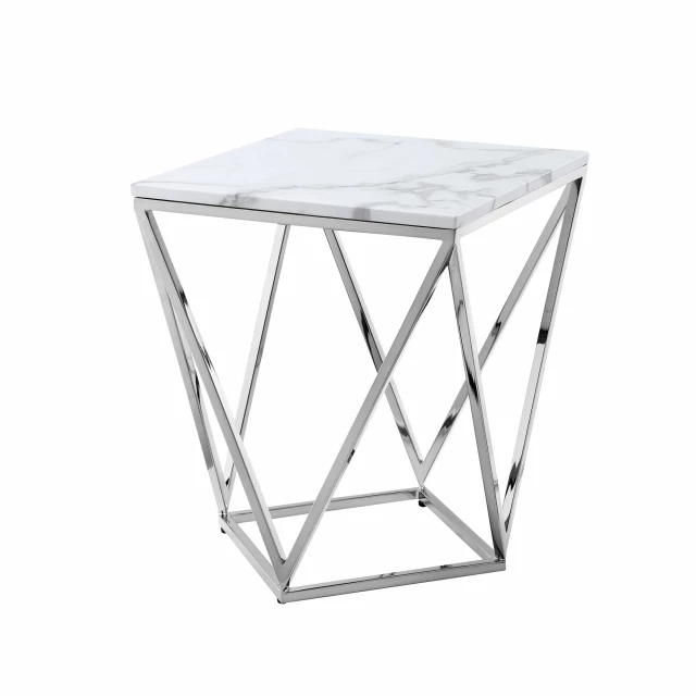 Silver metallic white stone end table with symmetrical design and outdoor furniture style