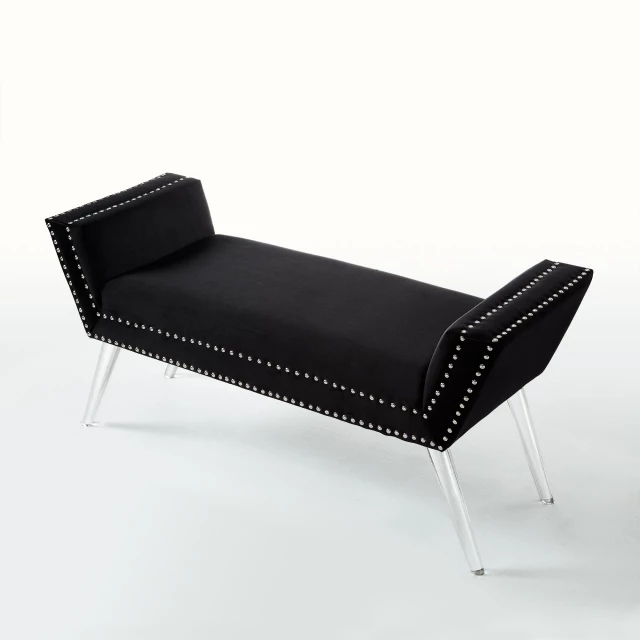 Black clear upholstered velvet bench with wood armrests and comfortable rectangle studio couch design