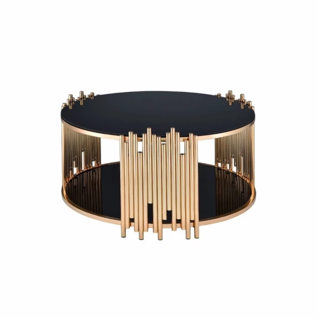 Black glass gold coffee table with wooden accents and fashion accessory elements