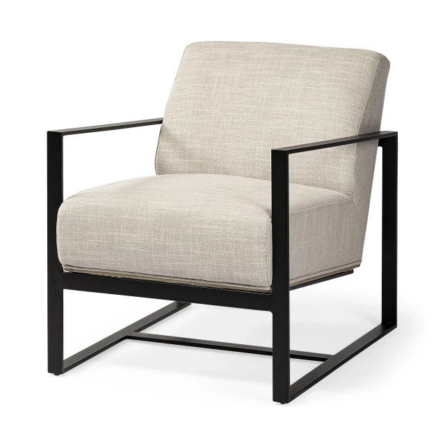 Fabric wrapped accent chair with metal frame and wood armrests for comfortable seating