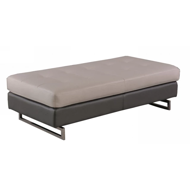 Taupe faux leather silver ottoman with wood accents and comfortable rectangle design for home decor