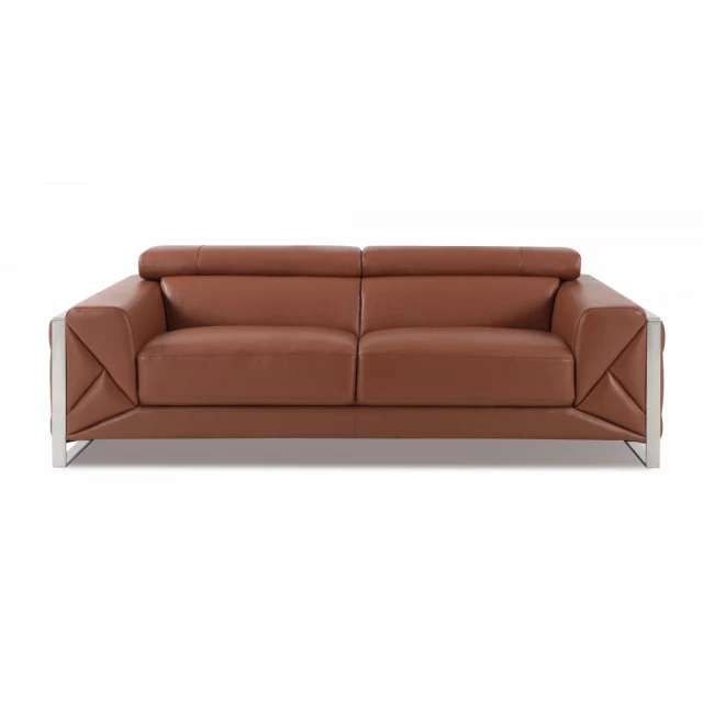 Camel silver Italian leather sofa with comfortable brown rectangle cushioning and sleek design