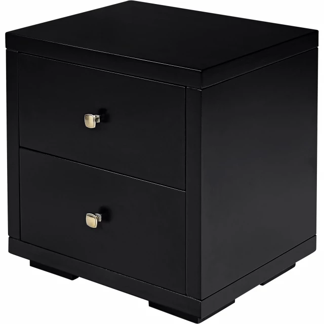 Black drawer nightstand with metal handles and decorative plant