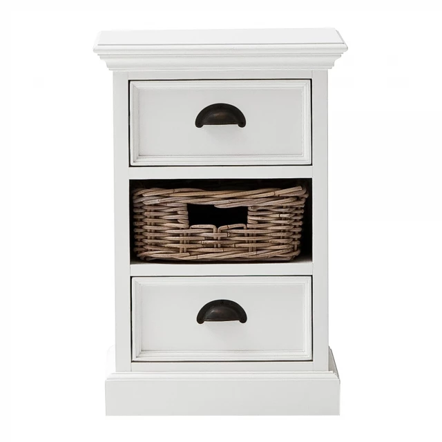 Classic white nightstand with drawer and basket storage