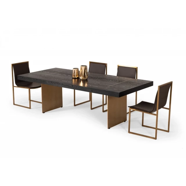 Rectangular manufactured wood metal dining table with chairs and tableware