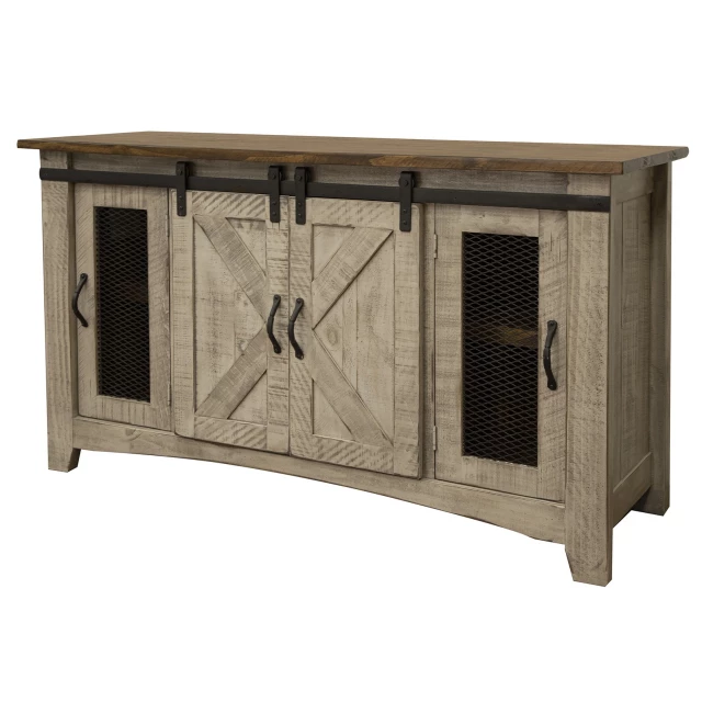 Distressed wood TV stand with enclosed cabinet storage and rectangle hardwood design