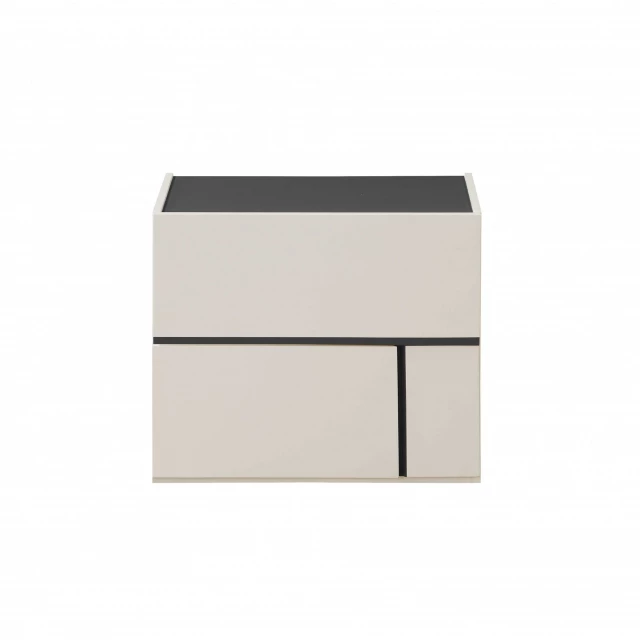 Cream white dark grey MDF nightstand with wood shelving and rectangular table design for bedroom furniture