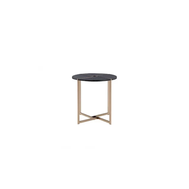 Round manufactured wood and metal end table with wood stain finish