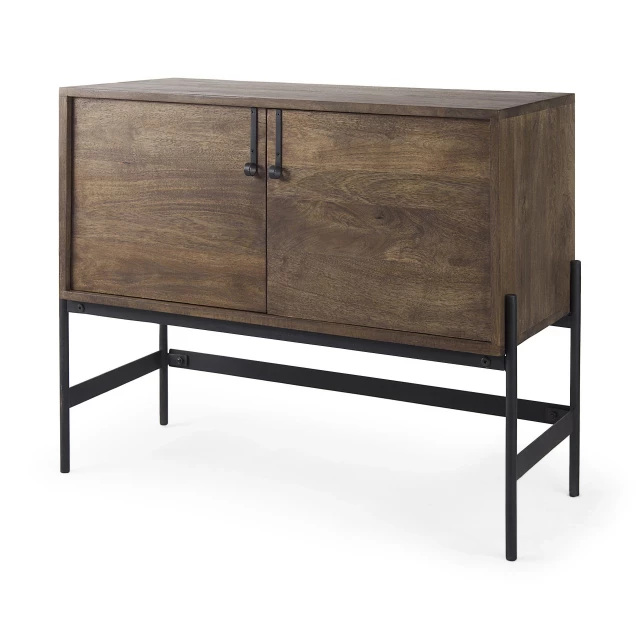 Dark brown door cabinet with metal legs and natural wood finish