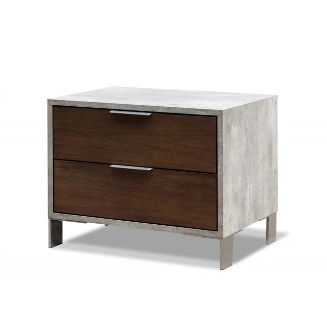 Modern dark walnut concrete nightstand with drawers and wood stain finish