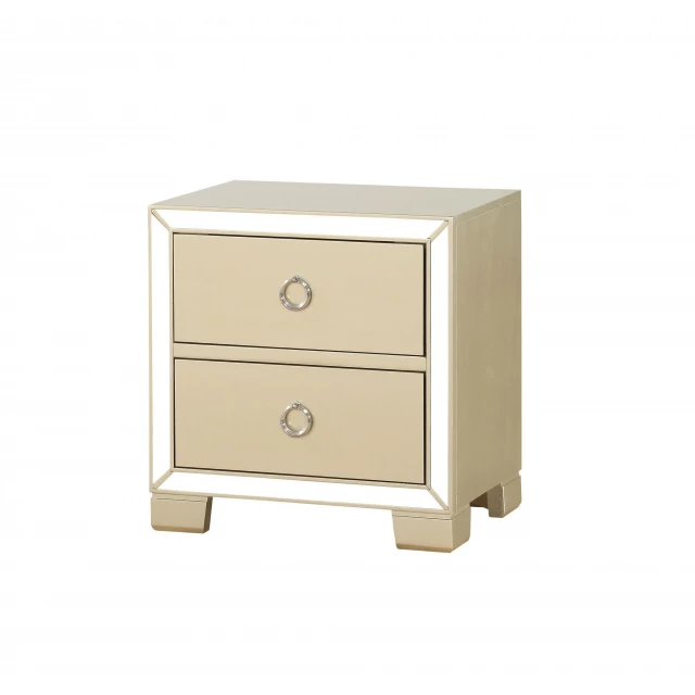 Champagne wood mirror veneer nightstand with rectangle drawers and beige metal accents