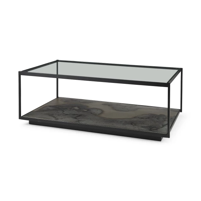 Clear black glass coffee table with shelf and metal hardwood frame
