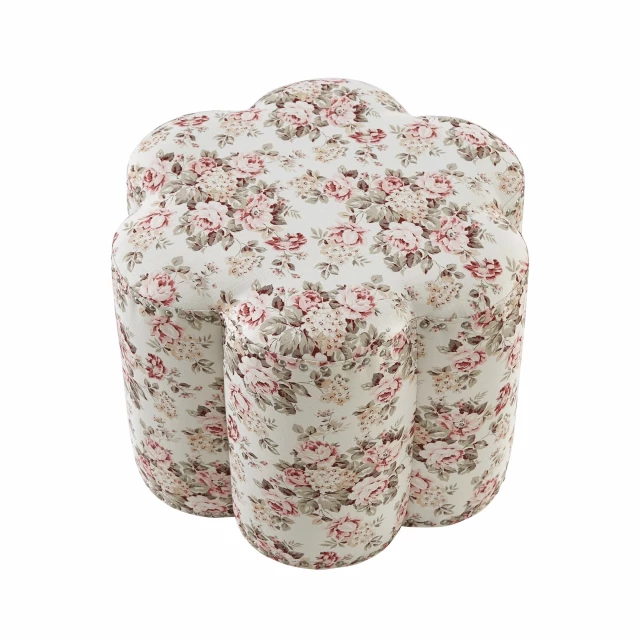Ivory linen specialty ottoman with elegant pattern and magenta accents